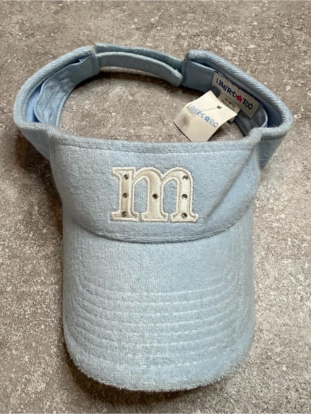 Vintage Y2K deadstock Limited Too Terrycloth Visor Initial M Embellishment blue